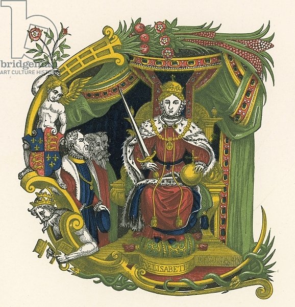 Ornamental letter E, incorporating portrait of Queen Elizabeth I