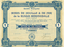 Постер Акции Общества Mines de Houille & de Fer de la Russie Meridionale, 1907 г.