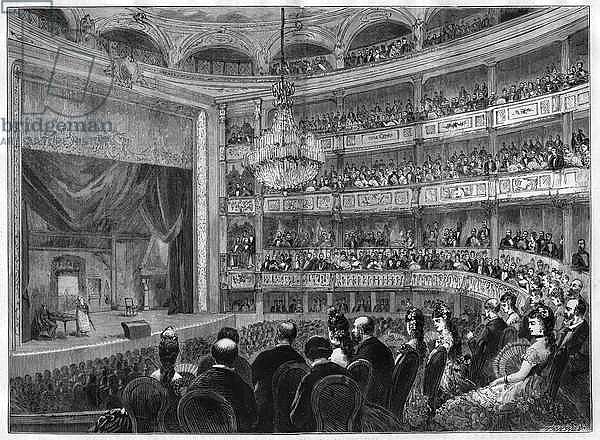 View of the theatre hall of the Odeon, newly restored. Paris, 1875. Engraving in “The Universe illustrious”, 1875.