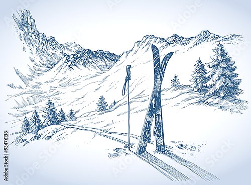Лыжи в снегу на горном спуске
