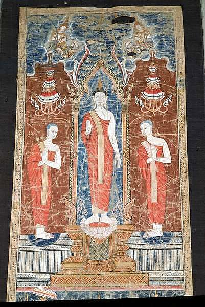 Banner depicting standing Buddha with two disciples, Ratanakosin Style