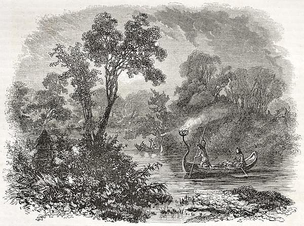 Americans torch light fishing, Ontario. Created by Sabatier after Kane, published on Le Tour du Mond