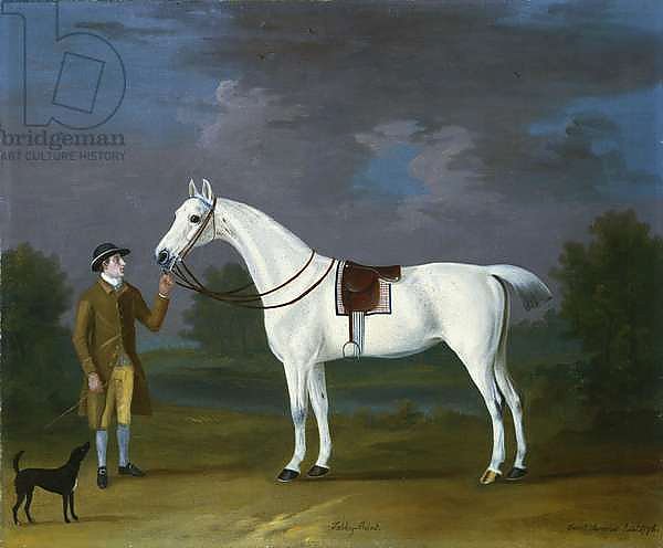 Tabby Runt', a grey hunter with his owner and a terrier in a river landscape, 1776