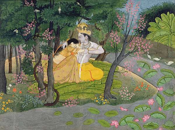 Radha and Krishna embrace in a grove of flowering trees, c.1780