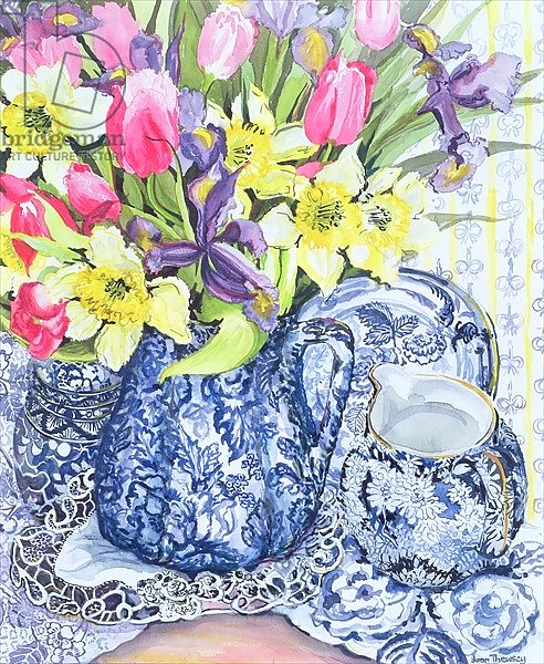 Daffodils, Tulips and Irises with Blue Antique Pots