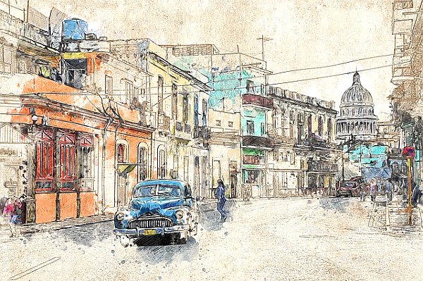 Куба, Гавана, синий автомобиль на старой улице