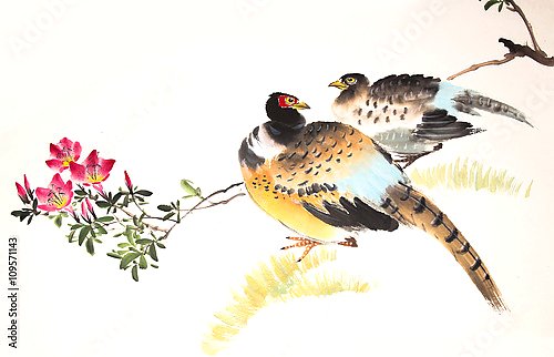 Китайские птицы у цветущей ветки