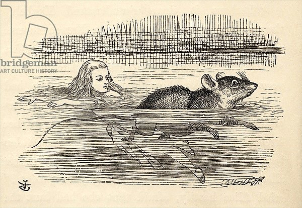 Alice swimming with a mouse in the pool of tears, from 'Alice's Adventures in Wonderland'