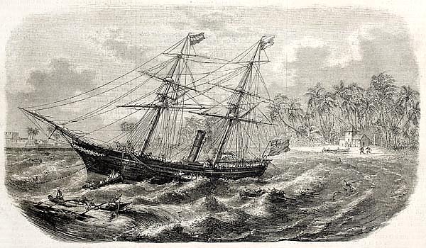 Malabar wreck on Ceylon coast. Created by Lebreton, published on L'Illustration, Journal Universel, 