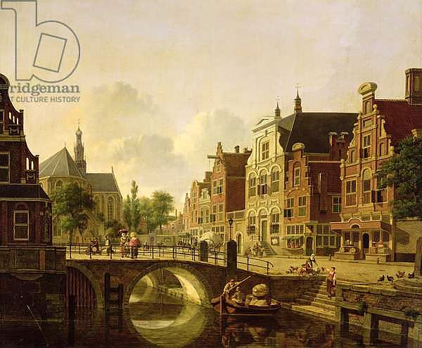 Dutch town scene with canal, figures and a church