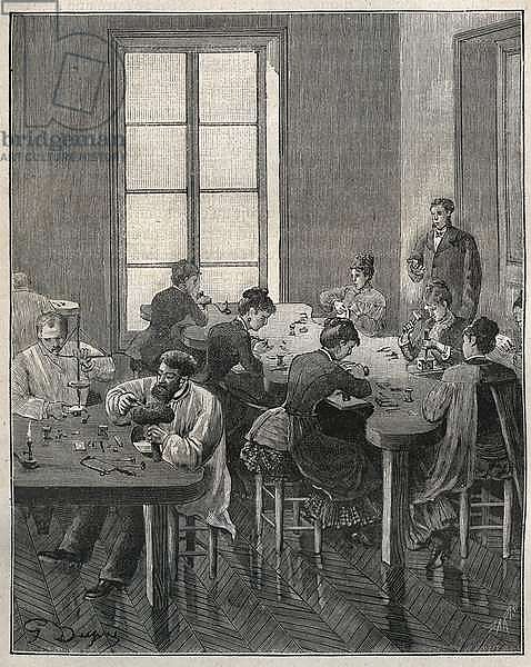 Jewelry workshop in Paris in the 19th century. Engraving from 1885 in “” Les arts et metiers illustres”” by Adolphe BITARD.