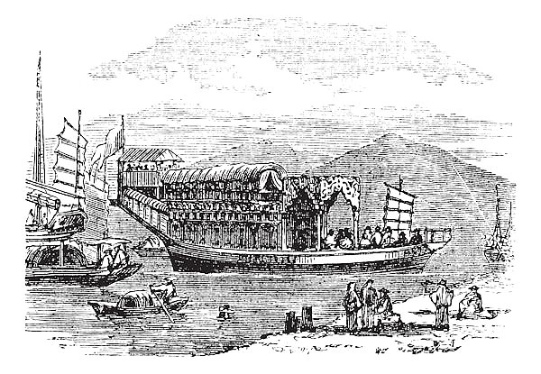 Flower boat, in Canton or Guangzhou, China vintage engraving