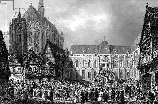Exterior view of the courthouse. In “Notre Dame de Paris” by Victor Hugo, engraving from 1844.