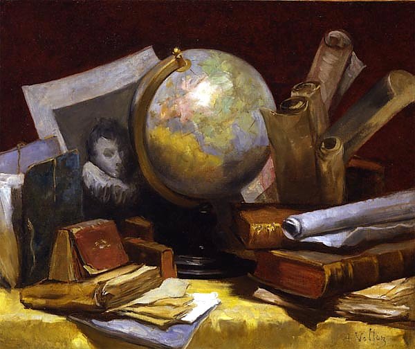 Натюрморт с картой мира, книгами и пергаментом