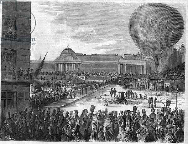 Ascent of the ball “” Le Giant”” in Brussels on September 26, 1864 with Felix Nadar. From a photograph of Mr. Ghemar, the king's photographer. Engraving in “The Illustrious Universe”, 1864. Private collection.
