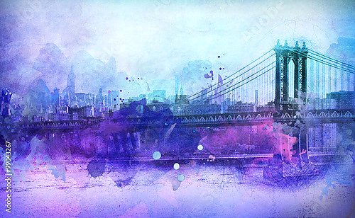Живописный вид на Манхэттенский мост и реку в Нью-Йорке