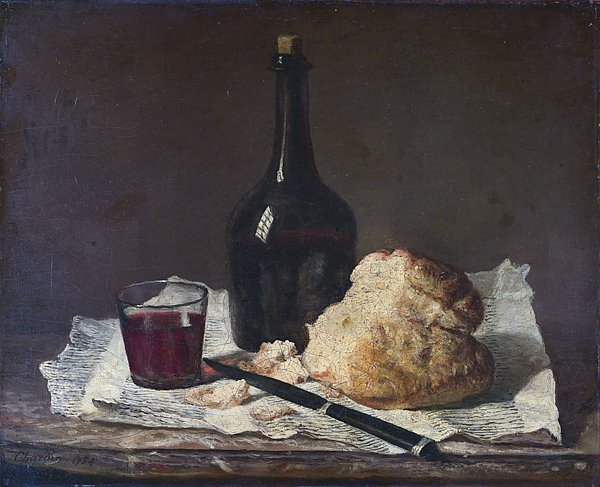 Натюрморт с бутылкой, стаканом и хлебом