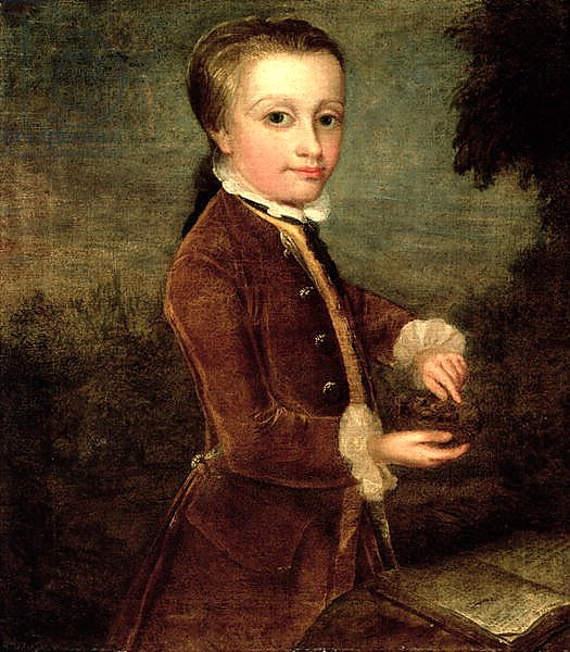 Portrait of Wolfgang Amadeus Mozart aged eight, holding a bird's nest, 1764-65