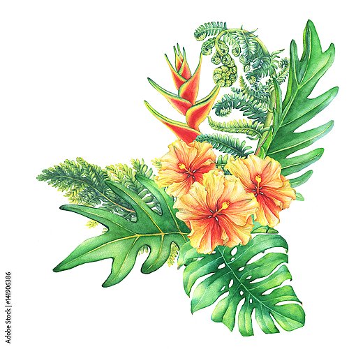 Букет с желто-красными цветами гибискуса и тропическими растениями