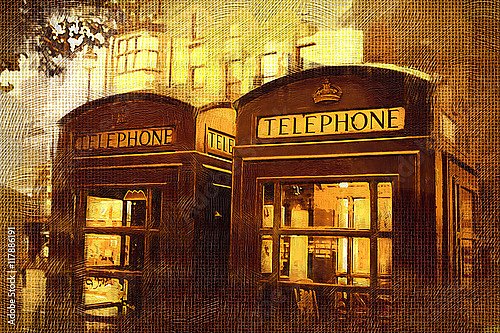 Две лондонские телефонные будки на вечерней улице