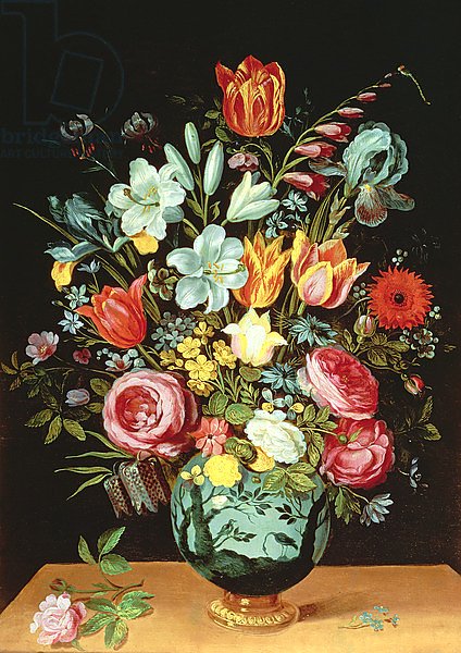 A Still Life of Flowers in a Porcelain Vase Resting on a Ledge
