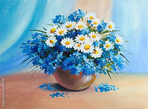 Постер Букет голубых весенних цветов в горшочке