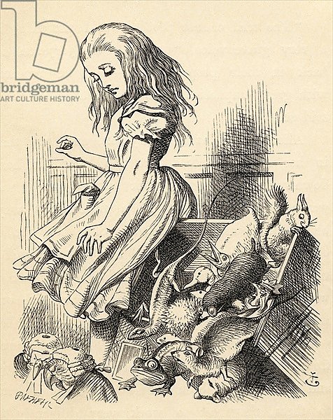 Giant Alice upsets the Jury Box, from 'Alice's Adventures in Wonderland'