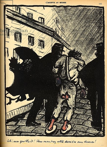 Two policemen take away a tramp dressed in rags, from 'Crimes and Punishments', 1902