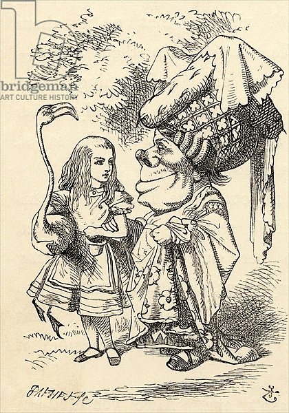 Alice with flamingo chats with the Duchess, from 'Alice's Adventures in Wonderland'