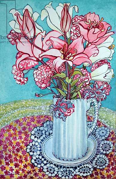 Pink Lilies in a Jug, with Lace, 2000,