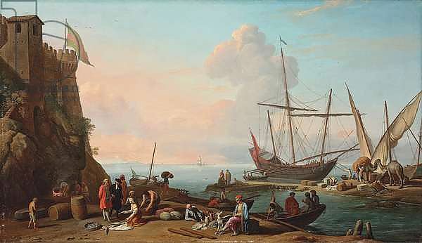 A Mediterranean harbour with stevedores unloading their ships, figures selling fish in the foreground by a fortress