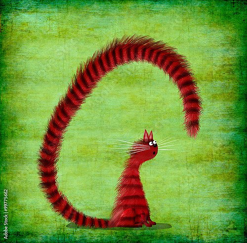 Красный удивленный кот на зеленом фоне