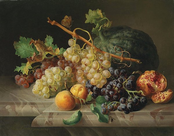 Stillleben mit Granatapfel Weintrauben und Melone