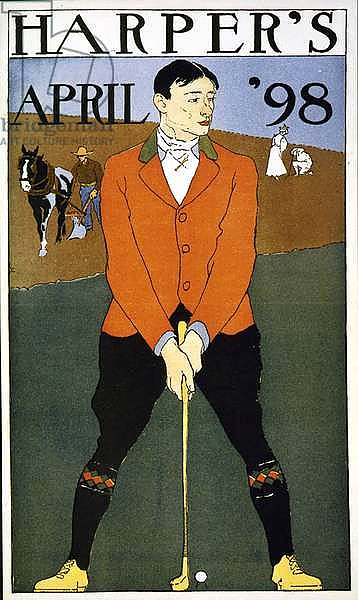 Harper's April 1898 Man in foreground playing golf. : colour. By Edward Penfield 1866-1925, artist.