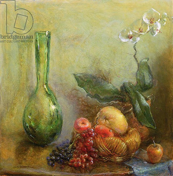 Orchid with Basket of Fruit and Green Vase