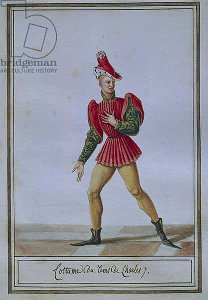 Men's fashion plate depicting costume of time of Charles VII, by Pierre Antoine Leboux de La Mesangere, watercolor