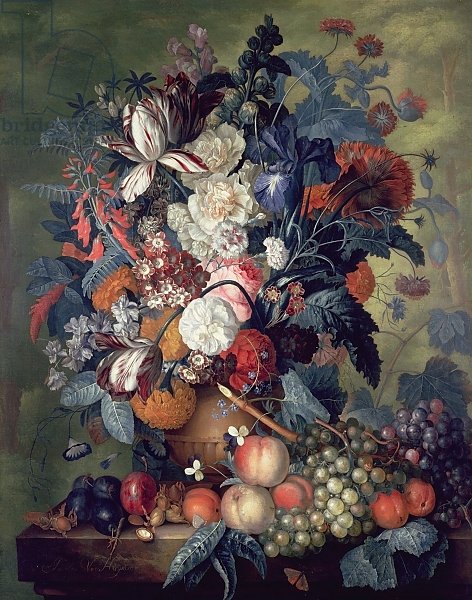 A Vase of Flowers with Fruit
