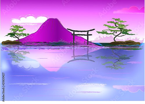 Японский пейзаж с горой и аркой