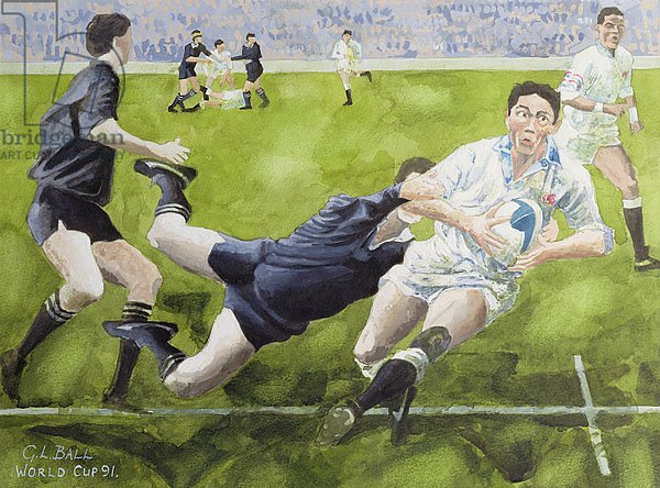 Rugby Match: England v New Zealand in the World Cup, 1991, Rory Underwood being tackled