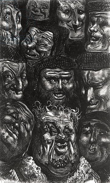 Eleven grotesque faces from 'Les Contes Drolatiques' by Honore de Balzac engraved by Predhomme