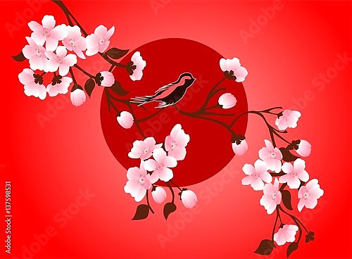 Птичка на цветущей ветке сакуры