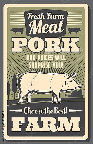 Мясная ферма, ретро плакат со свиньей