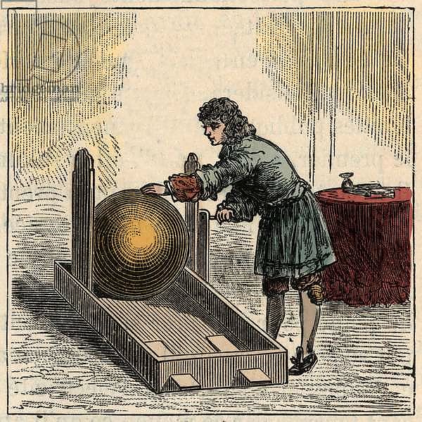 Otto von Guericke, German physicist, operating the first static electricity generator - Static machines: Otto von Guericke using the machine invented in 1680 - Engraving in “” Sciences placed at the disposal of al