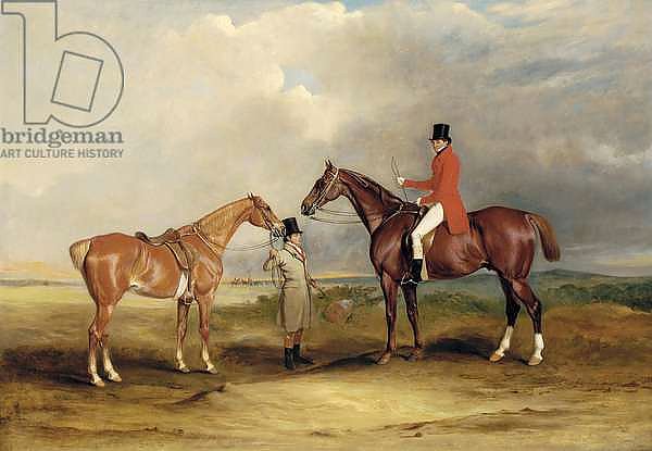 Portrait of John Drummond on a hunter with a groom holding his second horse, in a landscape, a hunting party beyond, 1831