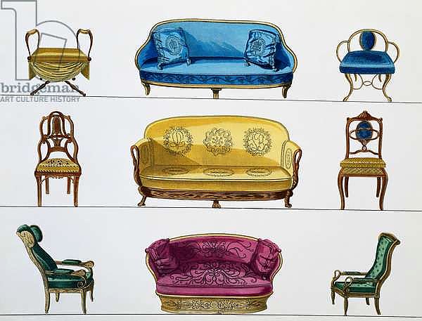 Stool, chairs, armchairs and sofas, From Restoration period, Illustration from Collection de meubles et objects de gout, 1872, By Pierre-Antoine Leboux de La Mesangere, France
