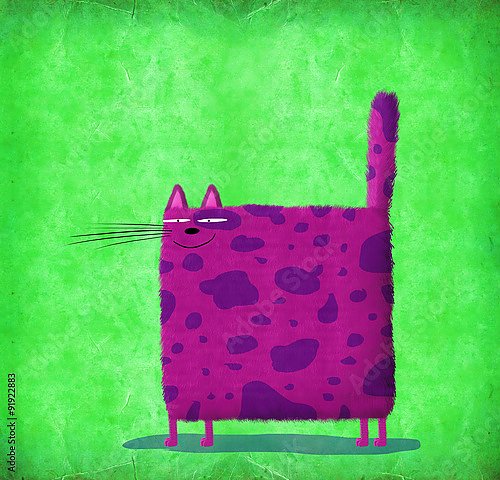 Фиолетовая квадратная кошка на зеленом фоне