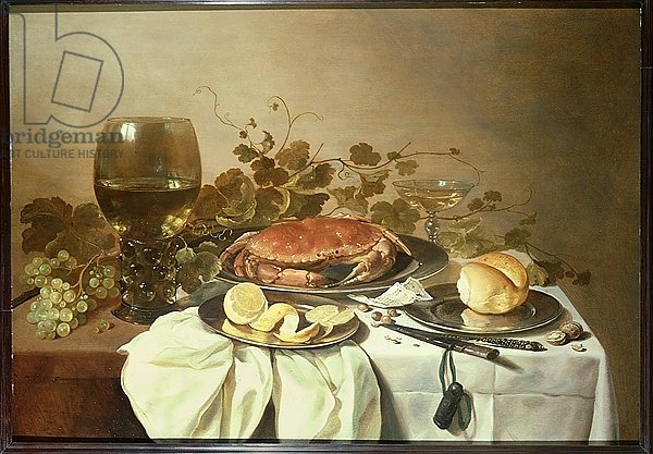 Breakfast still life with roemer and a crab