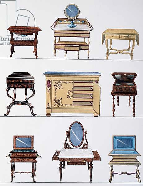 Tables and various furniture, Illustration from Collection de meubles et objects de gout, 1872, By Pierre-Antoine Leboux de La Mesangere, France