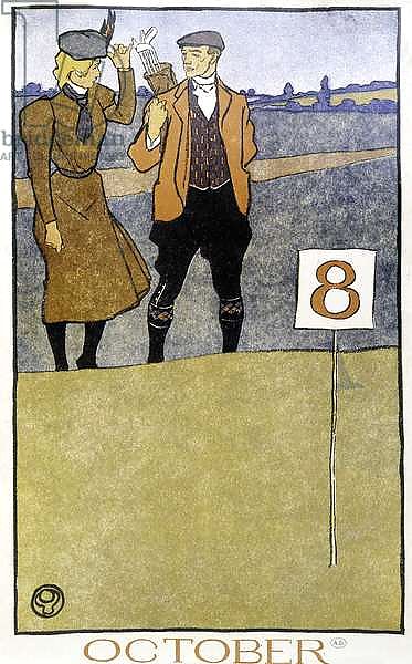 Couple playing golf - in “” Golf Calendar”” by Edward Penfield, ed. 1899