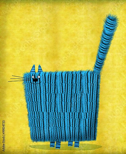 Синий трикотажный кот на желтом фоне